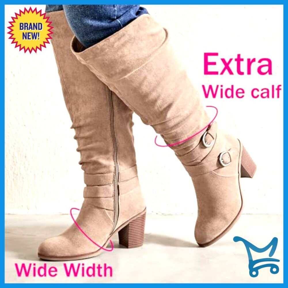 Extra Wide Calf Knee High Boots Slouchy Wide Width Chunky Heel - Picture 2 of 7